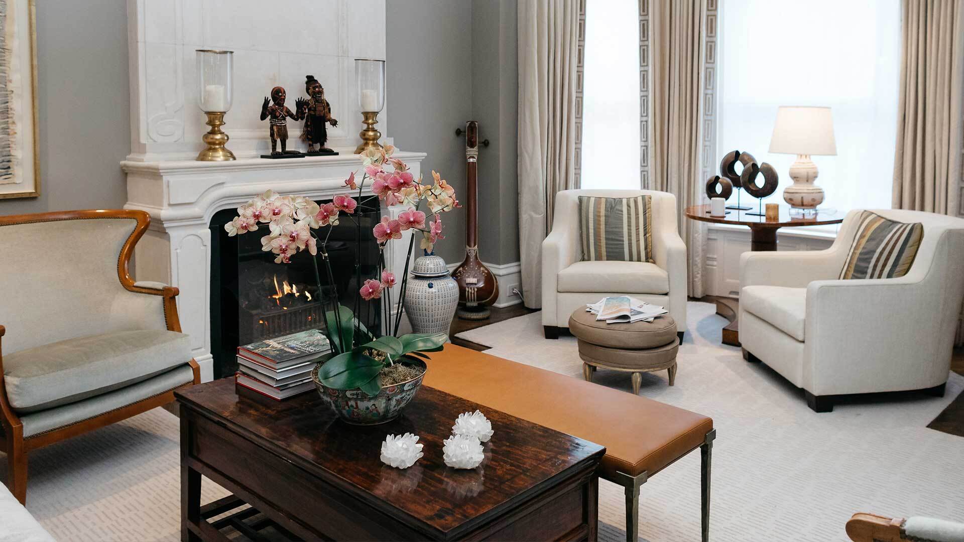 A photo of the living room of a well decorated, high-end apartment.