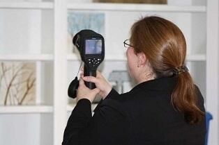 Sheila Courtney, senior risk manager for PURE Insurance, uses an infrared camera to search a new policyholder's home for cold spots that could indicate leaking. Homeowners who install a leak detection system can get a discount on their insurance rate.