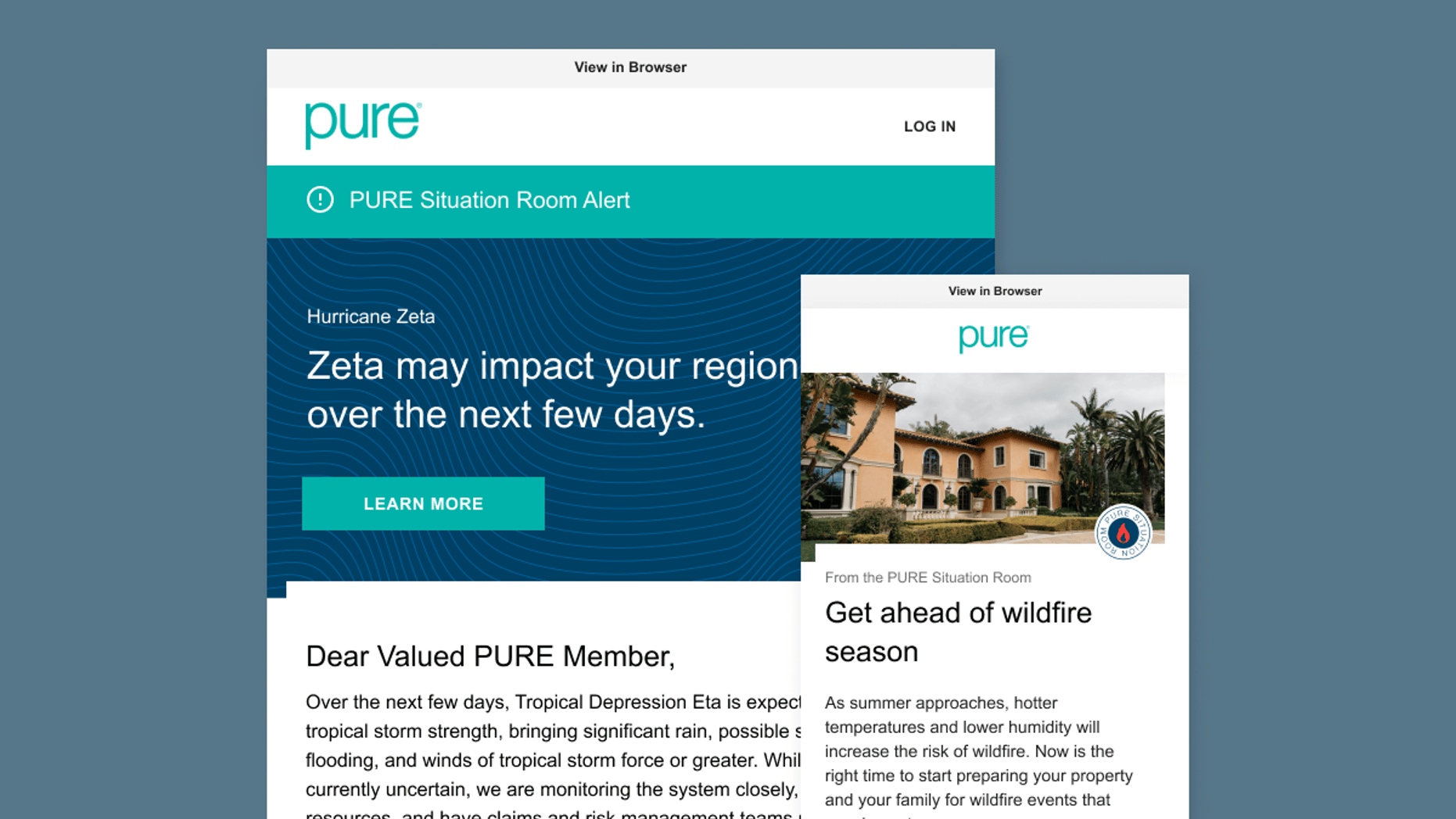 An image containing two mockups of PURE Situation Room alerts on desktop and mobile.