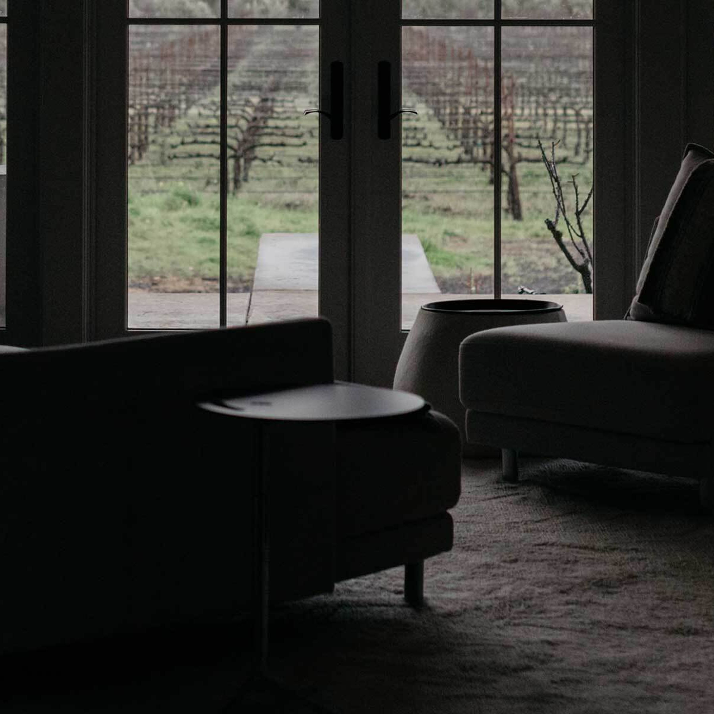 A photo of a stylish living room with no lights on.