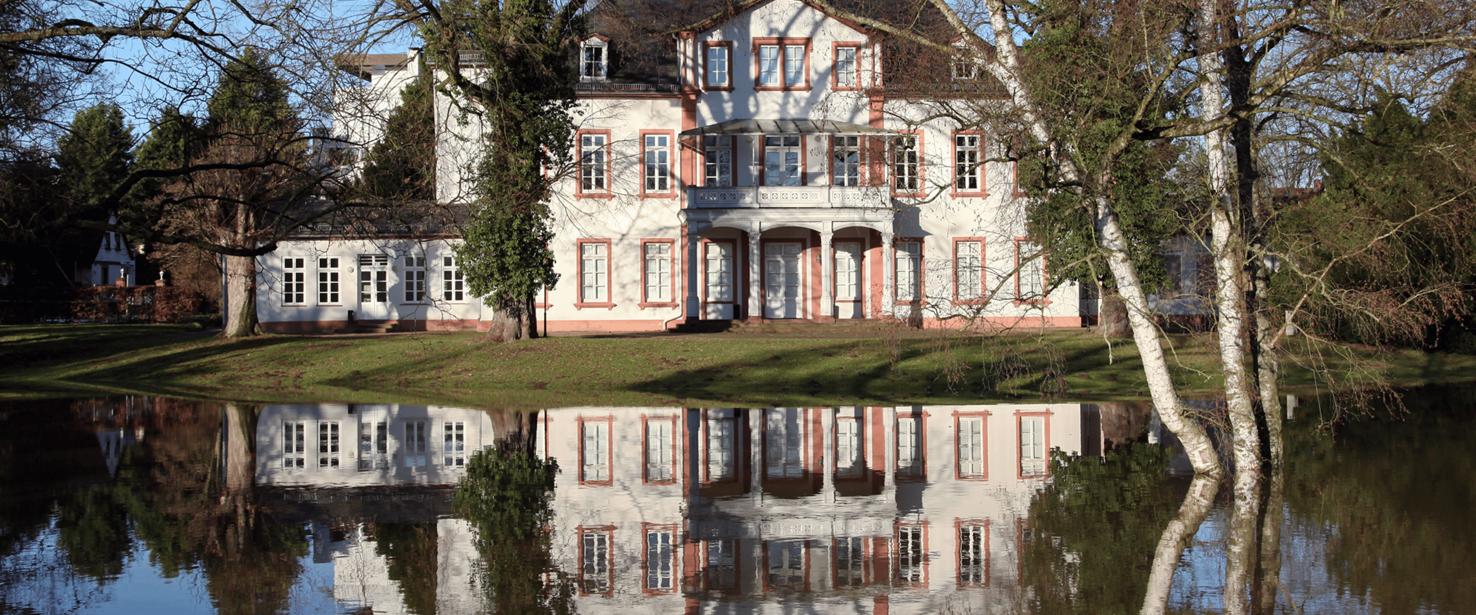 A photo of the exterior of a large, luxury home with a flooded front yard.