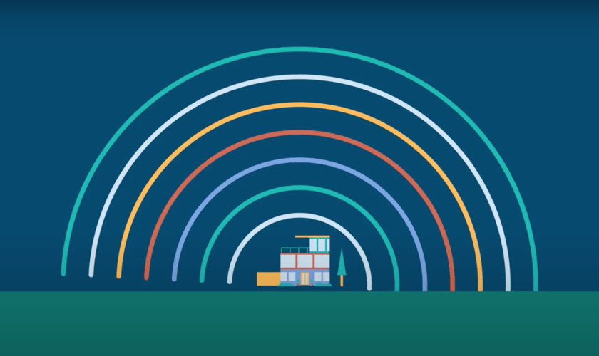 A still from an animated video showing a colorful home.